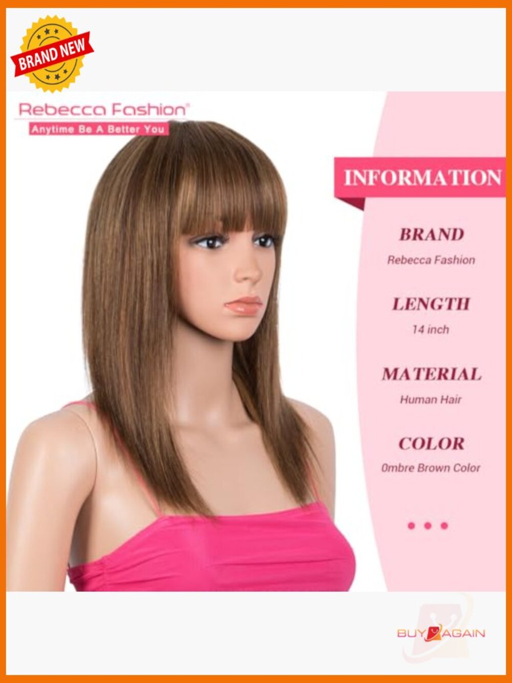 14 Inch Straight Wig with Bangs Human Hair Glueless Machine Made - Picture 2 of 6